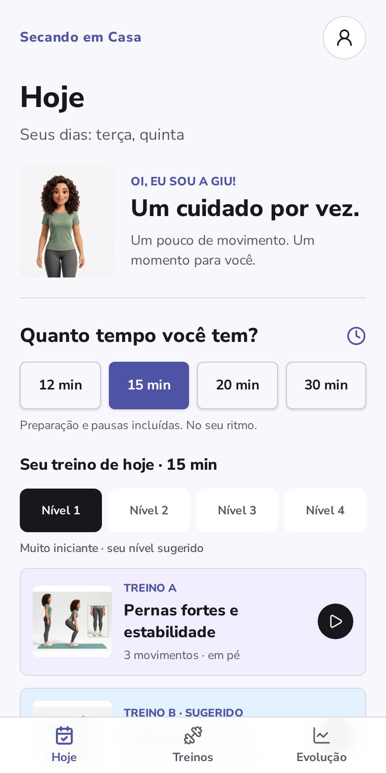Tela Hoje do app: escolha quanto tempo você tem e o treino